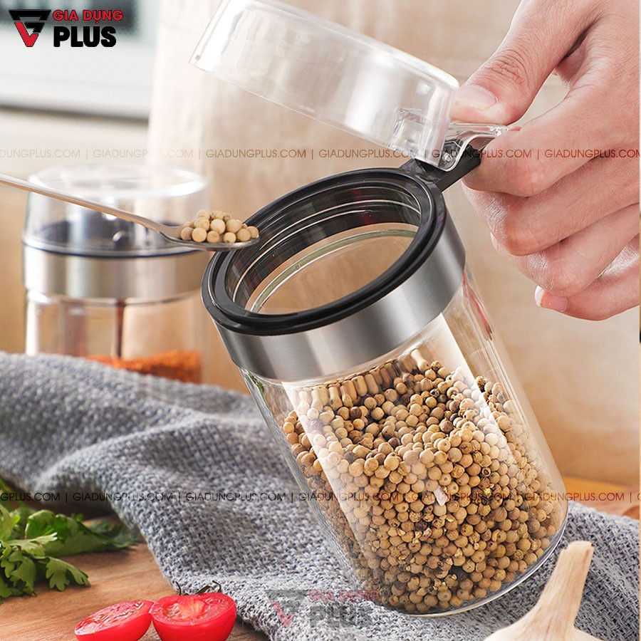 Lọ đựng gia vị thuỷ tinh chịu nhiệt, chịu lực cao cấp - tay cầm và viền inox 304 nắp bật PHALEDO