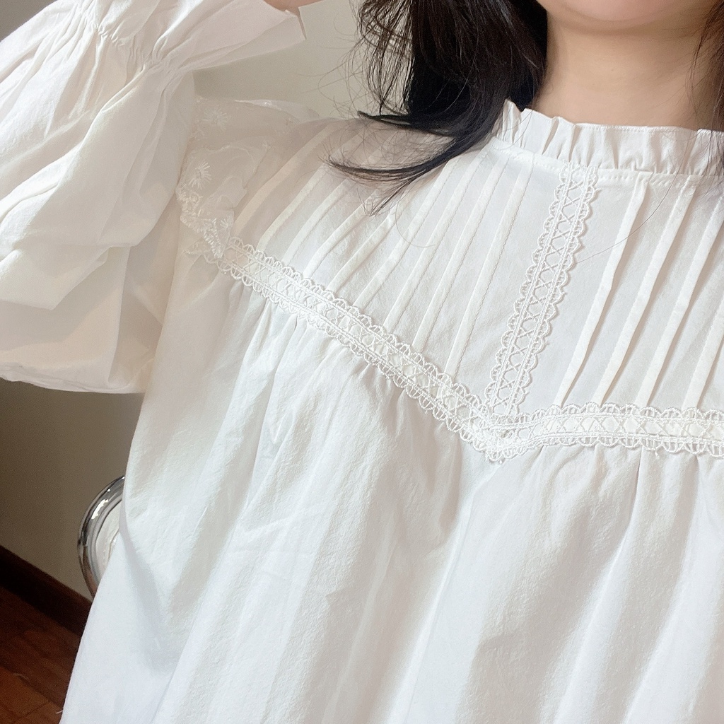 Áo baby doll cánh tiên dài tay, cổ bèo xếp ly ngực