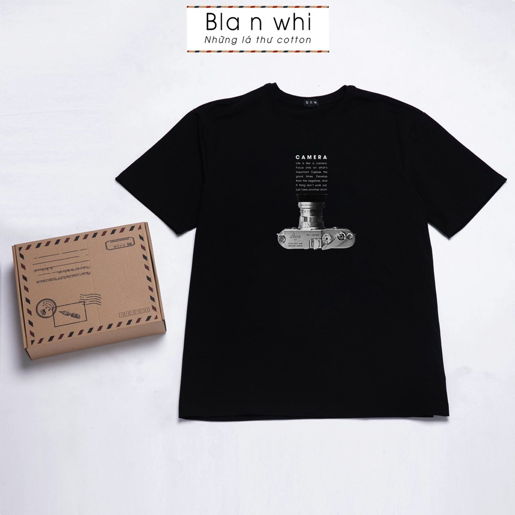 Áo thun cotton BNW dáng Unisex form rộng nam nữ phông trơn đen basic in hình CAMERA