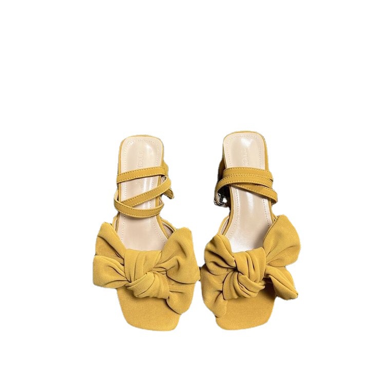 Giày sandal IELGY mũi vuông gót thô phối nơ thời trang cho nữ