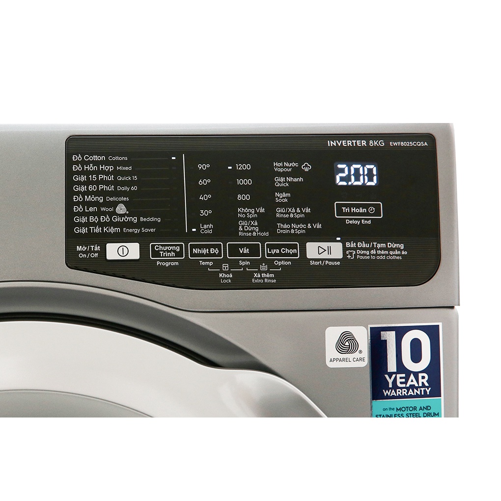 Máy giặt Electrolux Inverter 8 kg EWF8025CQSA - Khóa trẻ em Giặt nước nóng Giặt hơi nước Hẹn giờ giặt.Giao miễn phí HCM