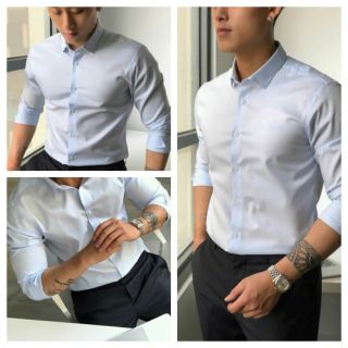 Áo sơ mi nam xanh nhạt dài tay Hàn Quốc form body vải lụa Thái chống nhăn [thời trang nam] [VNXK] [MH]