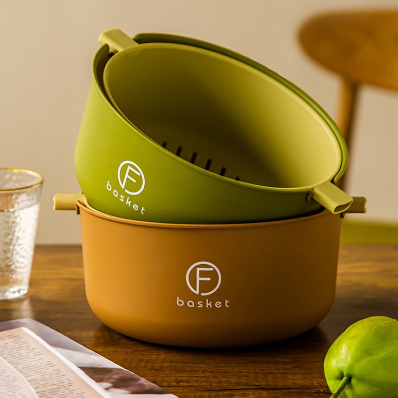 Rổ Rửa Rau Củ Quả Hai Lớp Màu Xanh Lá Cây Giúp Khô Ráo