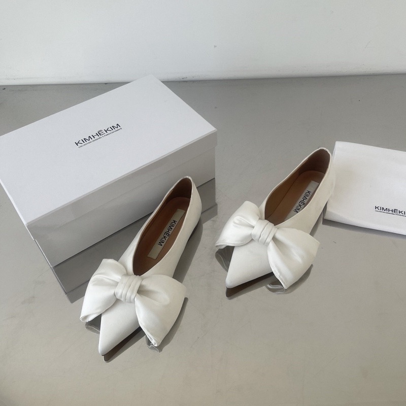 Giày búp bê mũi nhọn đính nơ bản to da thật cao cấp thương hiệu Kimhekim
