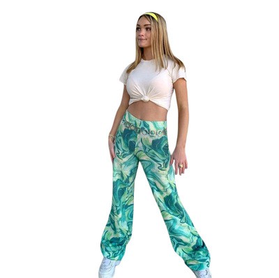 European and American style 2021 summer new women's fashion printing high-waist trousers hip trend straight casual pant
