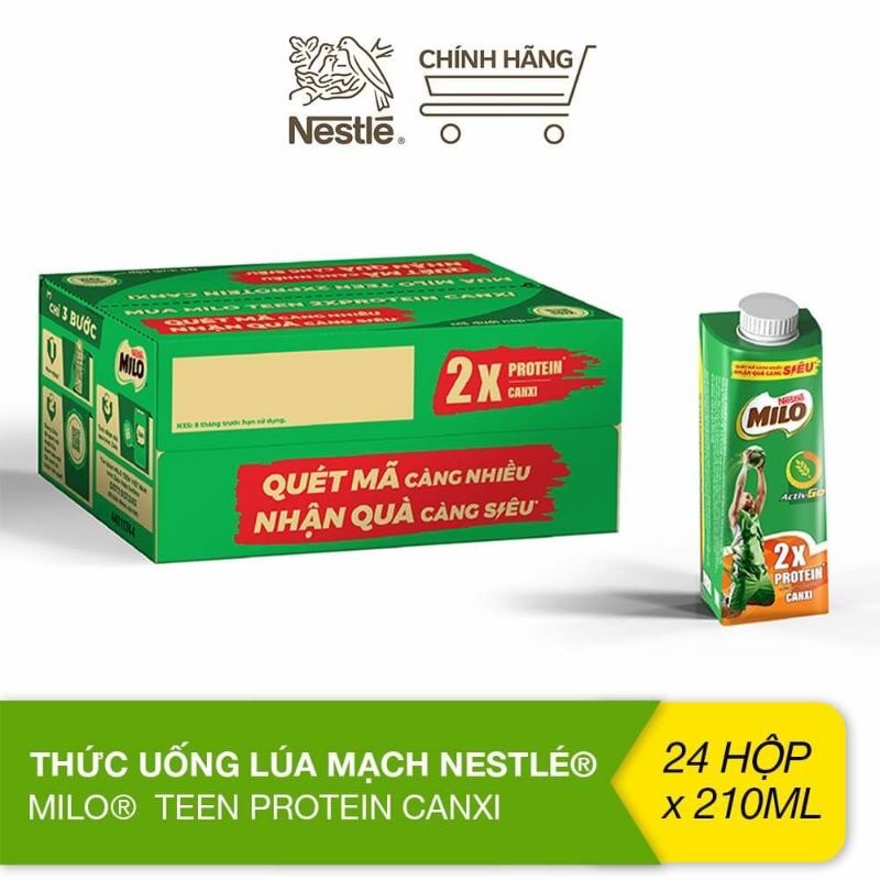 Thùng 24 hộp sữa milo nắp vặn lúa mạch Nestle Milo teen