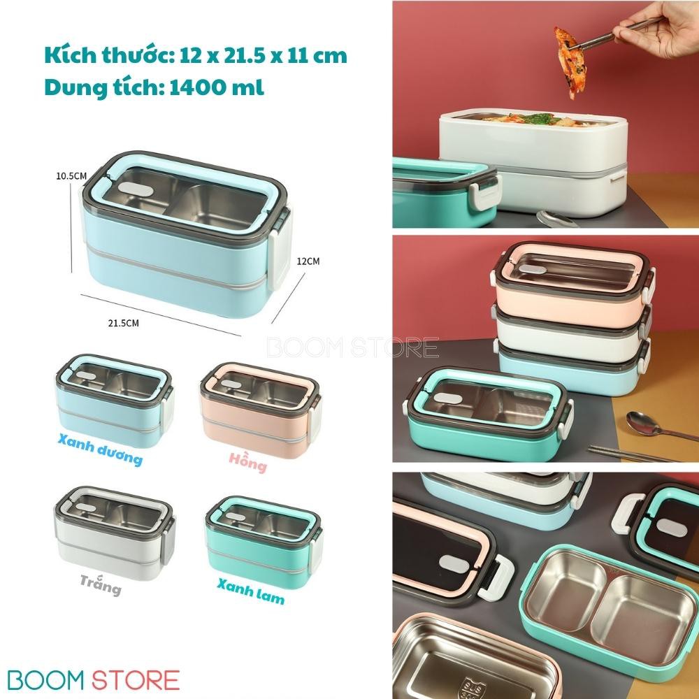 Hộp cơm văn phòng giữ nhiệt 3 ngăn 2 tầng INOX 304 cao cấp Boom Store