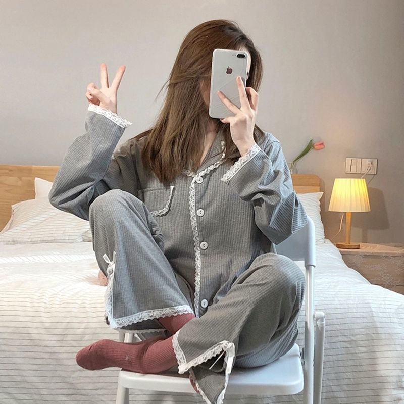 Bộ Đồ Ngủ Tay Dài Phối Ren Và Nơ Phong Cách Hàn Quốc Hàng Mới Dành Cho Nữ | BigBuy360 - bigbuy360.vn