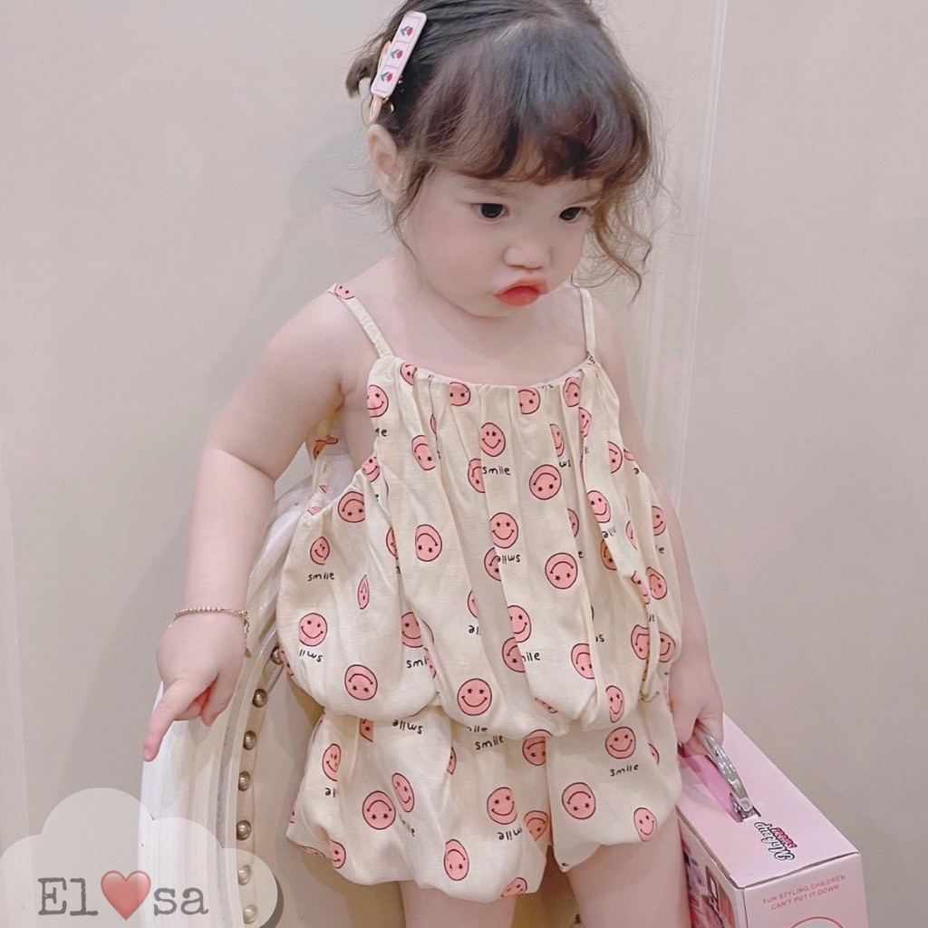 Đồ bộ bé gái - Bộ 2 dây họa tiết mặt cười dáng bí ngô vải đũi 2 lớp siêu xinh cho bé gái 1-5 Tuổi