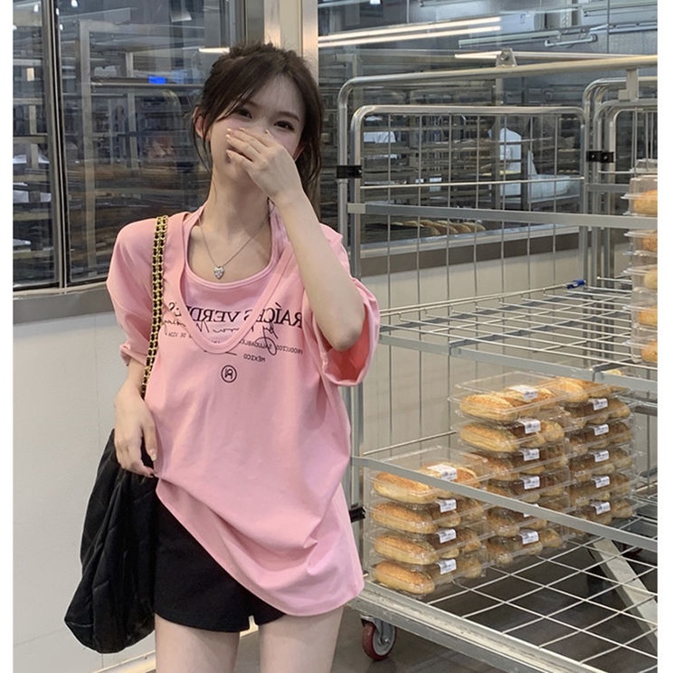 Áo Thun Ngắn Tay Giả Hai Lớp Phong Cách Trẻ Trung Dành Cho Nữ