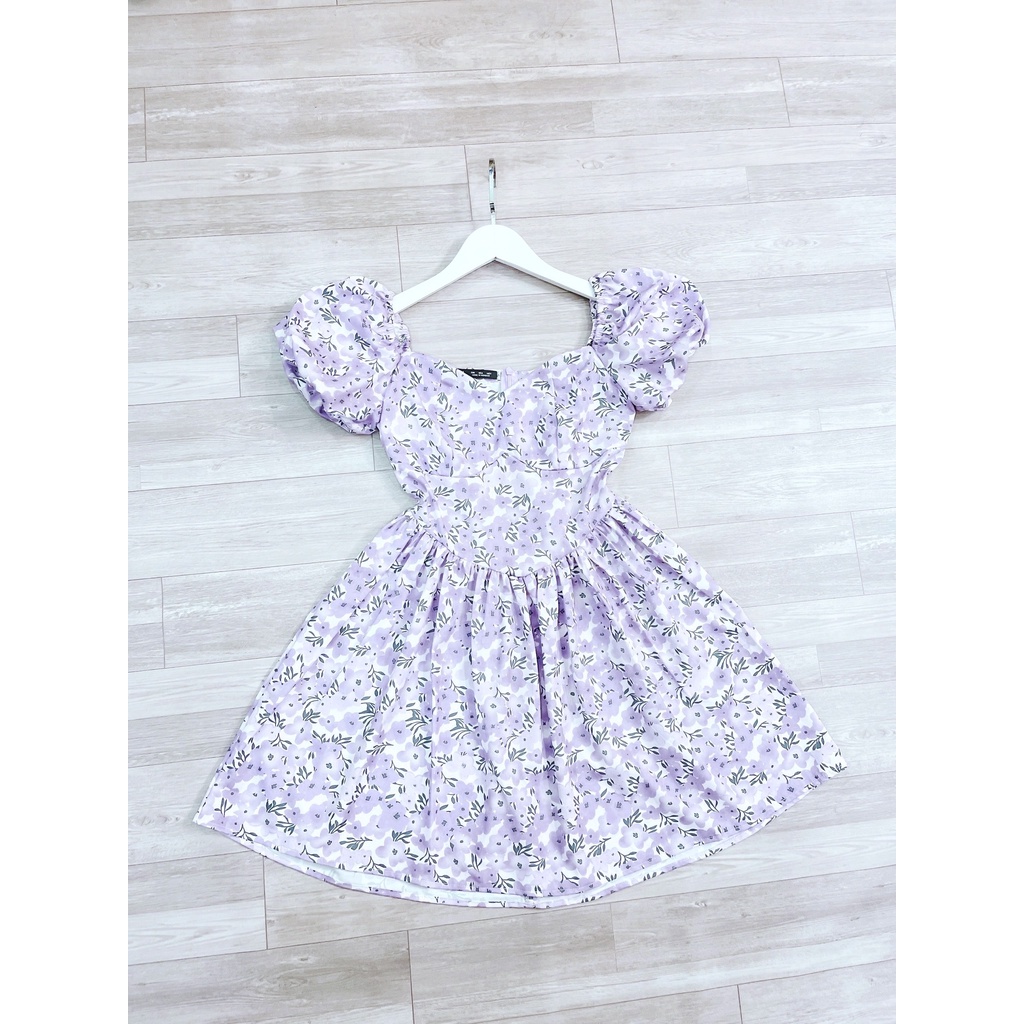 Váy tay bồng, váy hoa tím cổ U đủ size SML