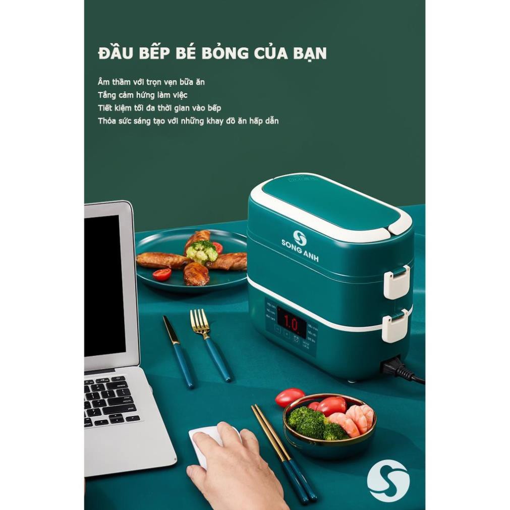 Hộp Cơm Văn Phòng 2 Tầng Kèm 4 Bát Sứ Cao Cấp, Nồi Cơm Điện Mini  SONG ANH - SA18