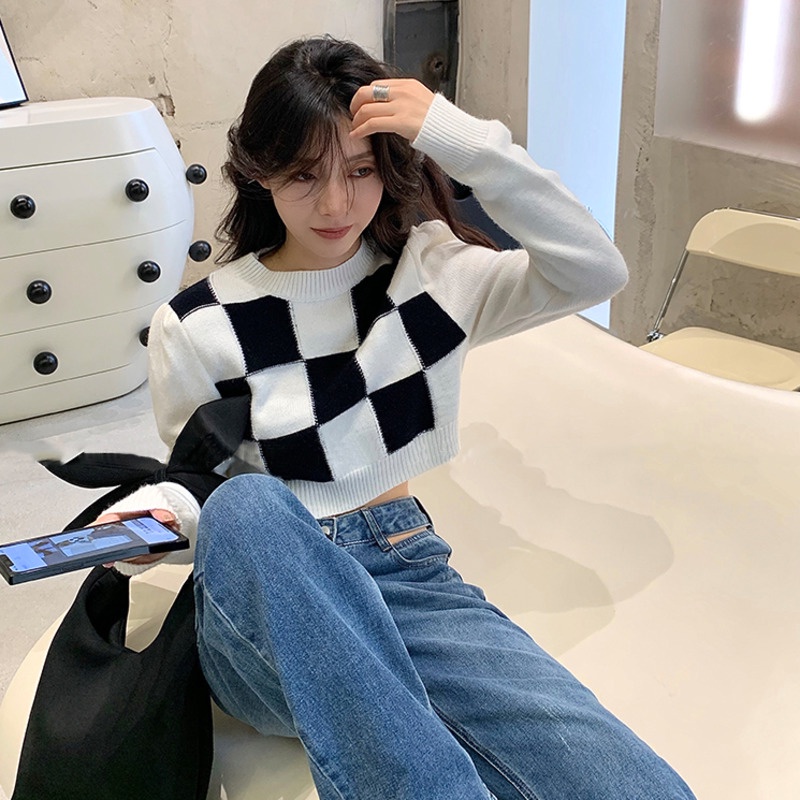 Áo Len Tay Dài Họa Tiết Kẻ Sọc Trắng Đen Thời Trang Mùa Thu Cho Nữ