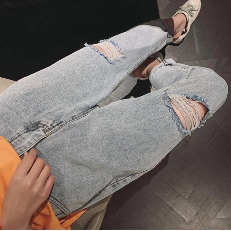 Quần Jean Nữ Ống Đứng Màu Xanh Bạc Rách Mài Gối Cạp Cao Phong Cách Ulzzang Cá Tính Ngầu Chất Hàng Quảng Châu