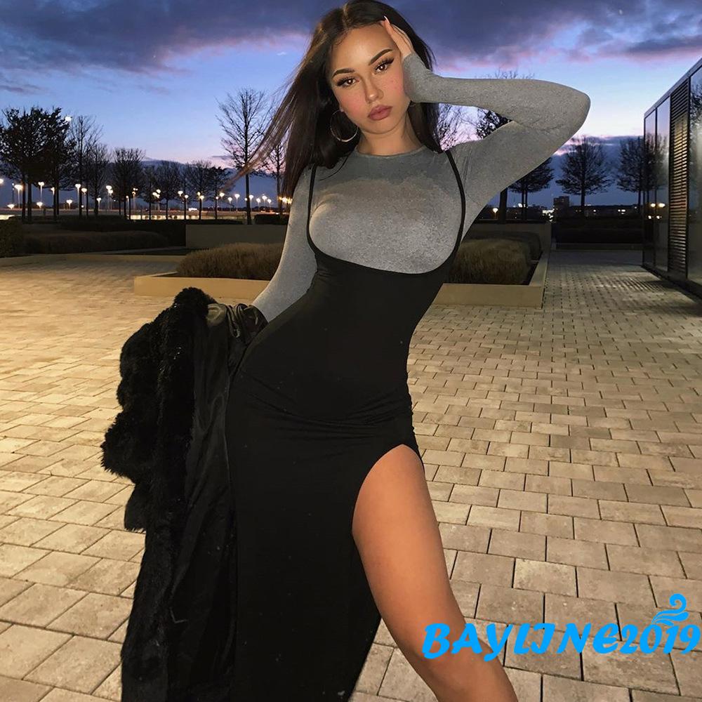 Đầm midi 2 dây dáng rộng xẻ tà hở lưng màu đen trơn thời trang xuân hè quyến rũ cho nữ