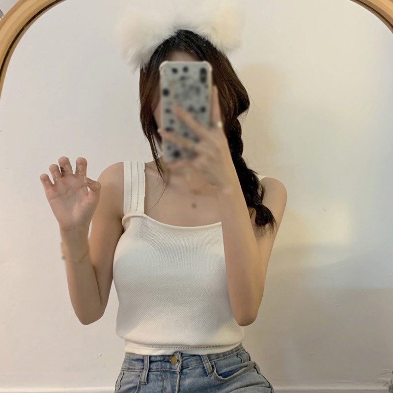 Áo hai dây dệt kim cổ vuông họa tiết kẻ sọc phong cách Hàn quốc