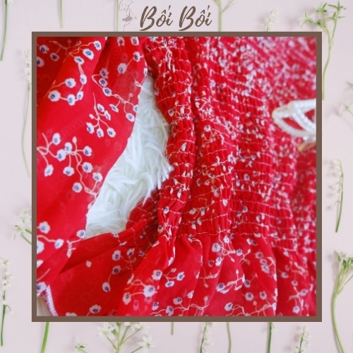 Áo croptop hoa nhí bo chun ôm body tay lỡ phồng màu đỏ mặc kiểu cổ vuông hoặc bẹt vai (hình thật shop tự chụp)