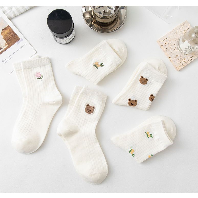 Set 5 Đôi Tất Vớ Nữ Cao Cổ Mix Gấu Hoa Siêu HOT