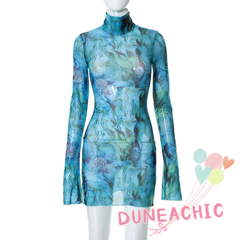 DUNEA Đầm Dài Tay Cổ Cao Phối Lưới In Họa Tiết Xinh Xắn Dành Cho Nữ