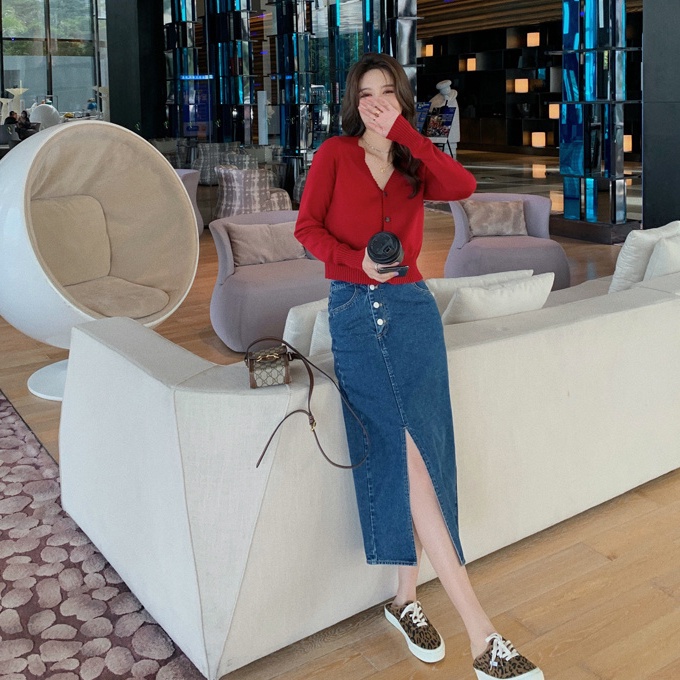 Áo cardigan SUXI dệt kim tay dài cổ chữ V màu trơn phong cách Hàn Quốc thời trang