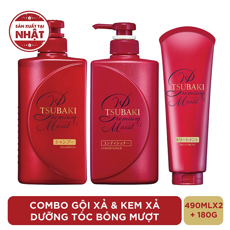 Combo gội xả và kem xả Dưỡng tóc bóng mượt Premium Moist Tsubaki (490mlx2 + 180g) | BigBuy360 - bigbuy360.vn