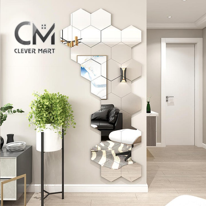 [ĐẠI HẠ GIÁ] Bộ 12 miếng gương dán tường 3D hình lục giác