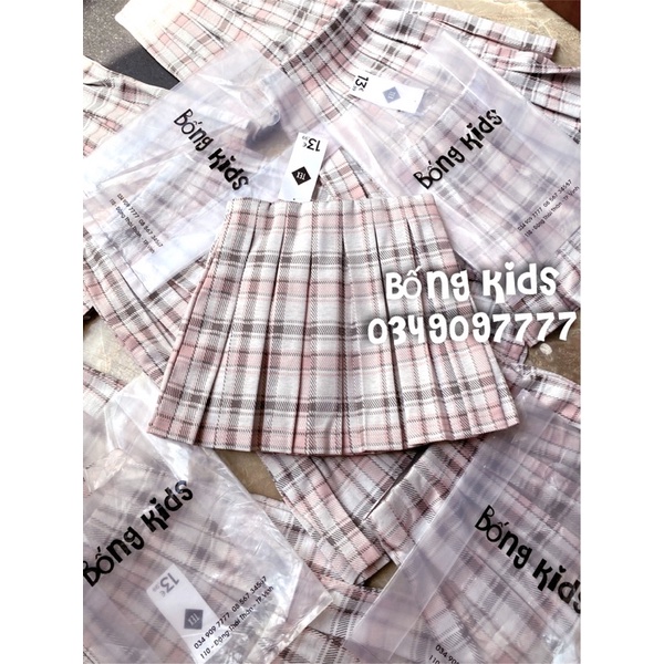 Chân Váy Dạ Bé Gái Xếp Li Kẻ Hồng TEX