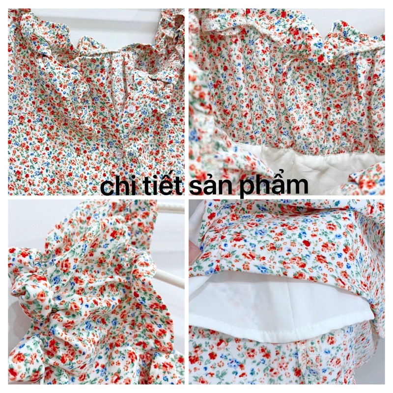 [Hình thật khách chụp] Đầm Nữ Xanh Retro hoa li ti nút dún vai trễ vai kiểu Hàn Quốc | BigBuy360 - bigbuy360.vn