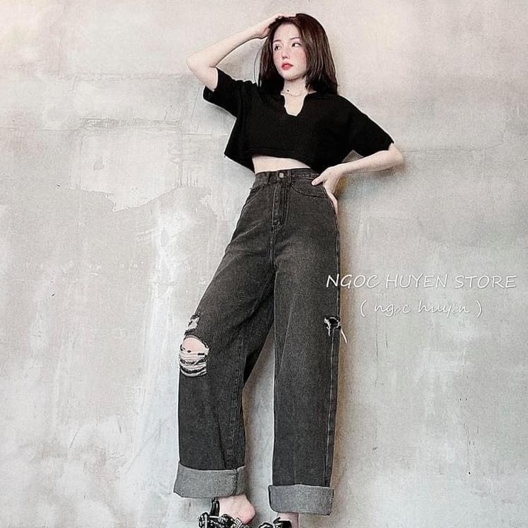 Quần Jeans Ống Rộng Xám - Quần Ống Rộng Nữ Dáng Suông Rách Gối Ulzzang Q52