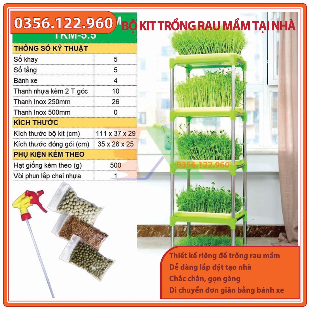 Bộ kit Kệ Khay trồng rau mầm 5 khay, 5 tầng bao gồm: Giá đỡ có 4 bánh + 5 Khay trồng + 500g Hạt giống + Vòi xịt nước.