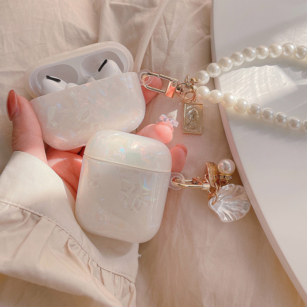 Vỏ Bảo Vệ Hộp Sạc Tai Nghe Airpods 1 / 2 Đính Hạt Ngọc Trai Kèm Dây Đeo Sợi Xích Ốp