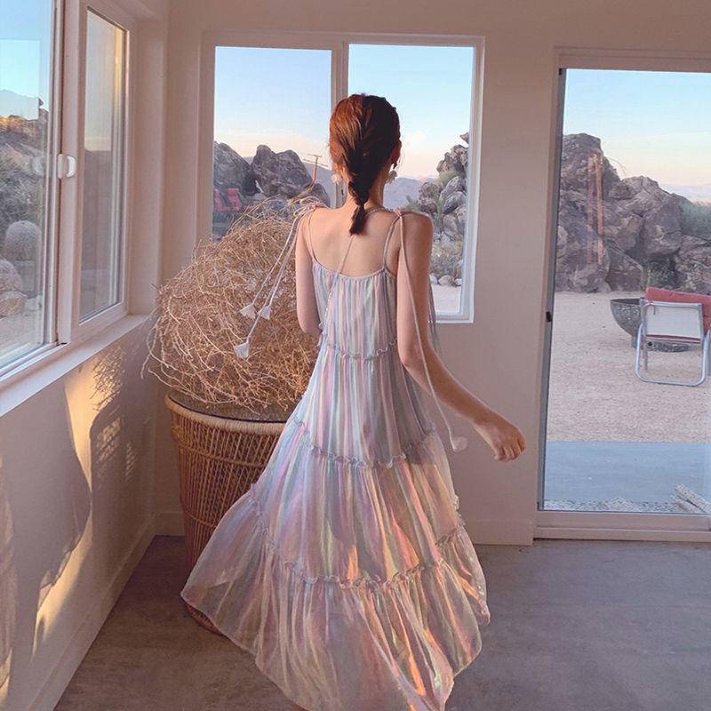 Đầm Chiffon Hai Dây Co Giãn Phối Bèo Màu Cầu Vồng Phong Cách Hàn Quốc