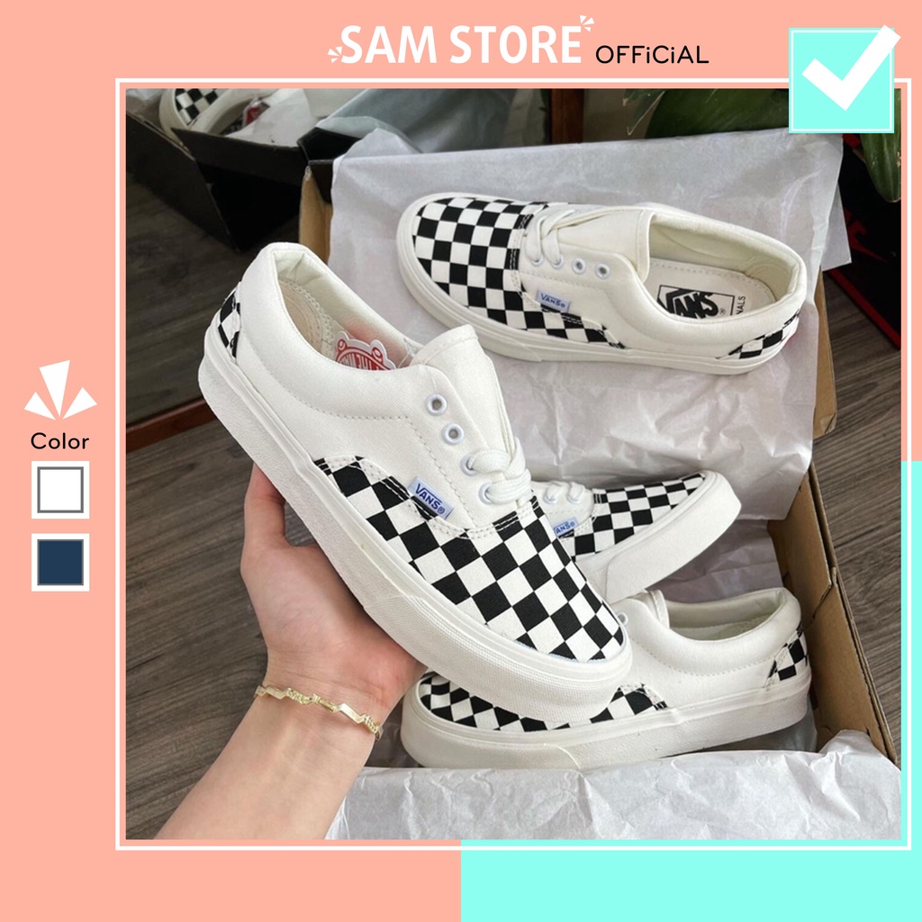 Giày Vans Caro Buộc Dây, Giày Vans Caro Lười Viền Trắng Thời Trang Nam Nữ Full Box