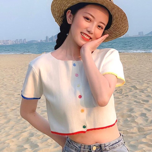 [Mã FASHIONT4WA2 giảm 10K đơn 50K] Áo Croptop thun giấy phối viền cúc cầu vồng | BigBuy360 - bigbuy360.vn