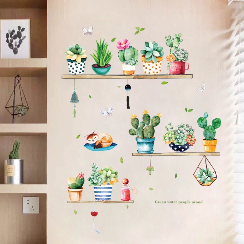 Decal Dán Tường Mẫu Chậu Cây Xương Rồng Xinh Xắn Kèm Kích Thước