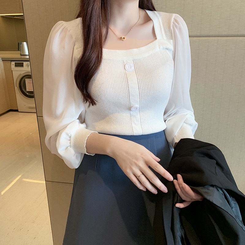 Áo sơ mi trắng dài tay cổ vuông thiết kế mới thời trang mùa thu dành cho nữ
