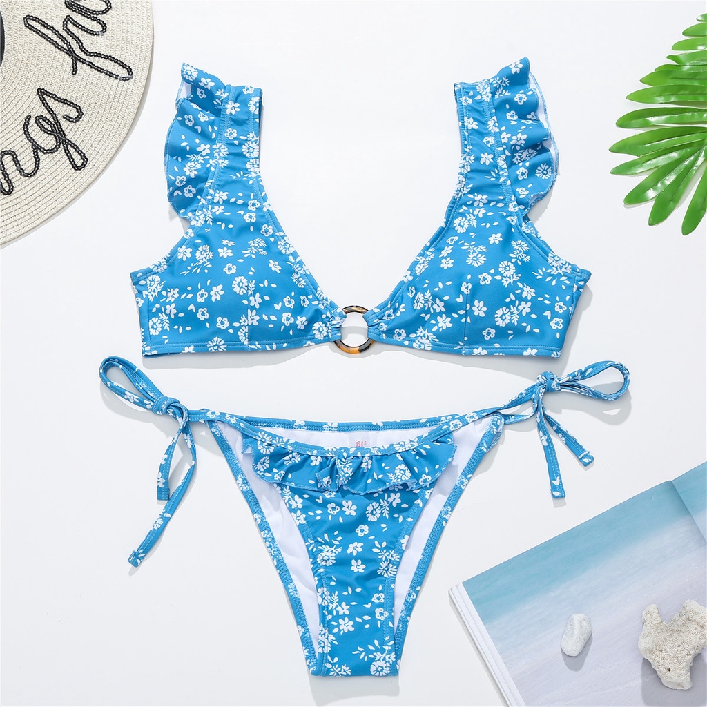 Bộ Bikini Hai Mảnh Trễ Vai In Hoa Màu Cà Phê / Xanh Dương Có Gọng Kim Loại Cho Nữ | BigBuy360 - bigbuy360.vn