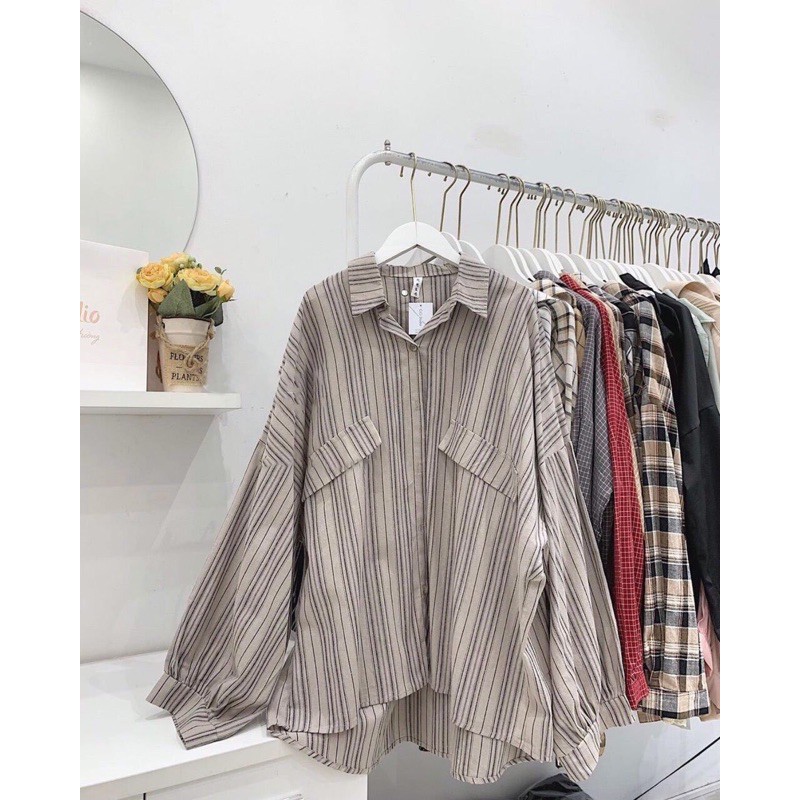 Sơ mi kẻ tay bo freesize - Kèm ảnh thật chụp