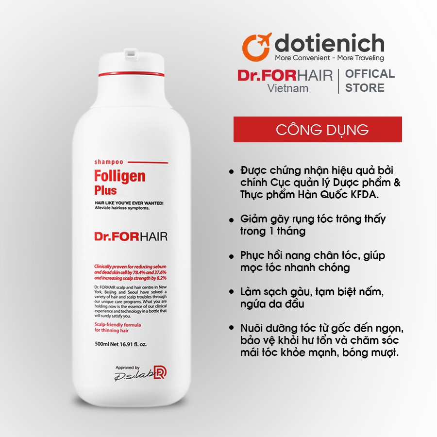 Dầu gội ngăn rụng, kích thích mọc tóc nhanh Dr.FORHAIR/Dr FOR HAIR Folligen Plus 500ml sạch gàu, nấm ngứa