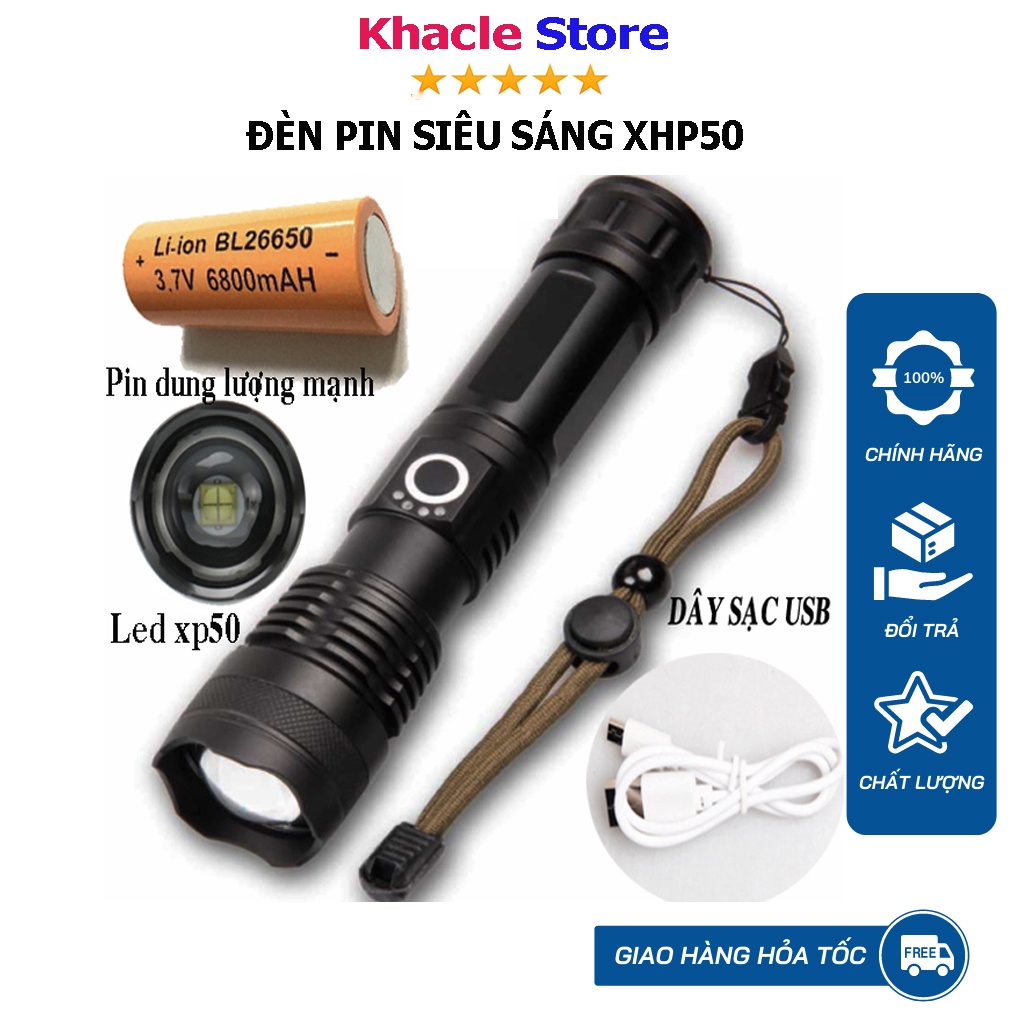 Đèn pin cầm tay siêu sáng XHP50 đèn pin chống nước chiếu xa Khacle store