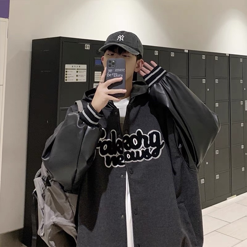 Áo khoác bomber varsity nam nữ thân dạ tay da chữ thêu siêu đẹp