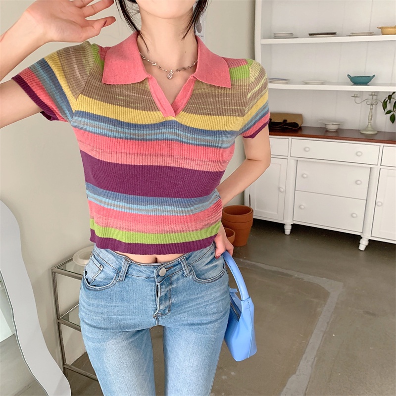 Áo Dệt Kim Cổ POLO Kẻ Sọc Cầu Vồng Tương Phản Hàn Quốc