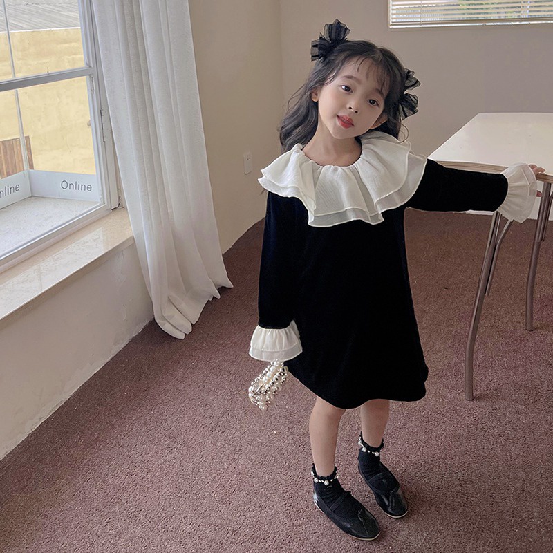 Đầm Nhung Dài Tay Hai Lớp Cổ Búp Bê Phong Cách Hàn Quốc Cho Bé Gái