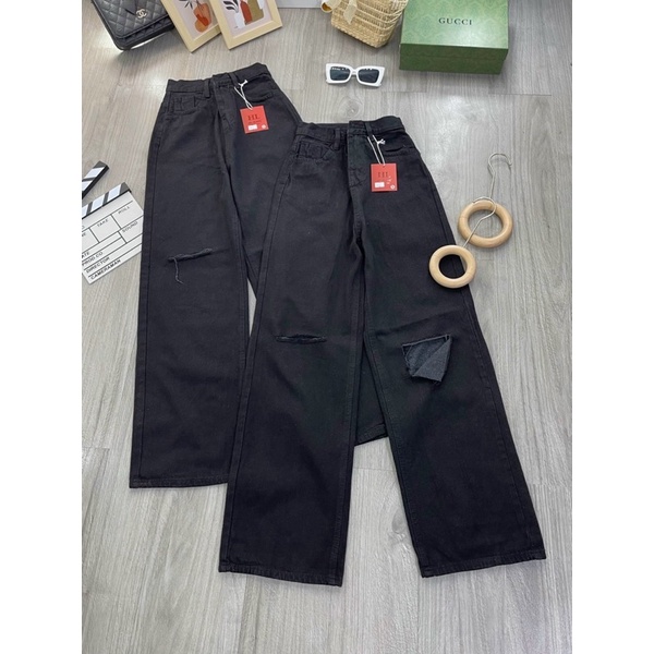 Baggy jeans lưng cao ống suông rách gối L 💰