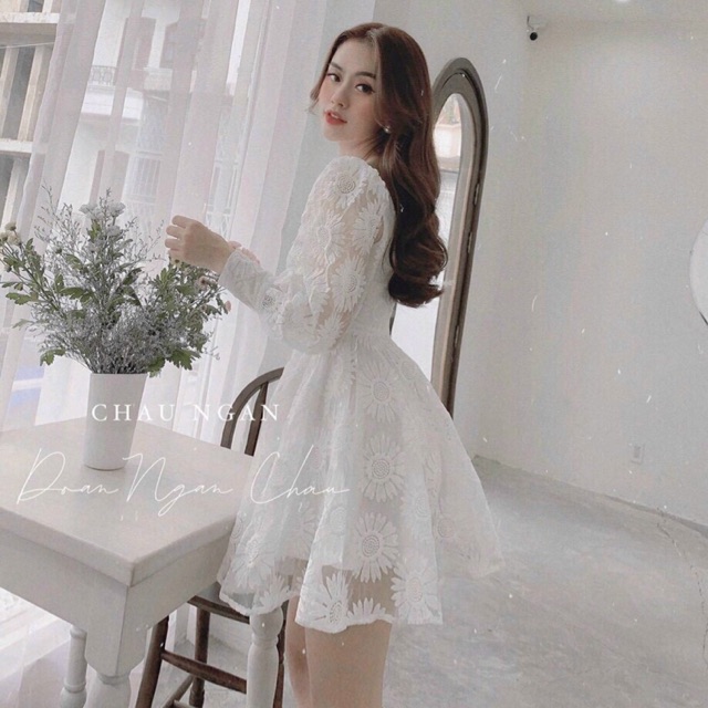 đầm dự tiệc ren hoa nổi tay dài siêu hot