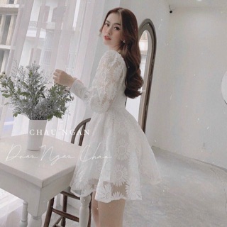 Đầm dự tiệc ren hoa nổi tay dài siêu hot