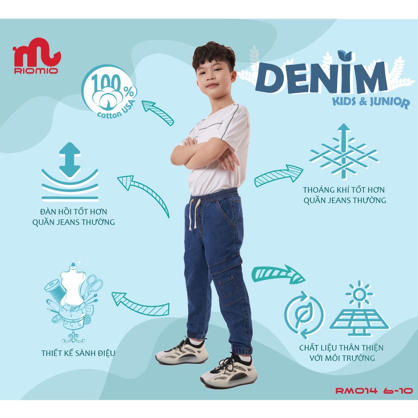 Quần dài bé trai quần Jean bo gấu cạp chun cho bé RIOMIO chất liệu DENIM COTTON USA thời trang Màu Dark - RM012