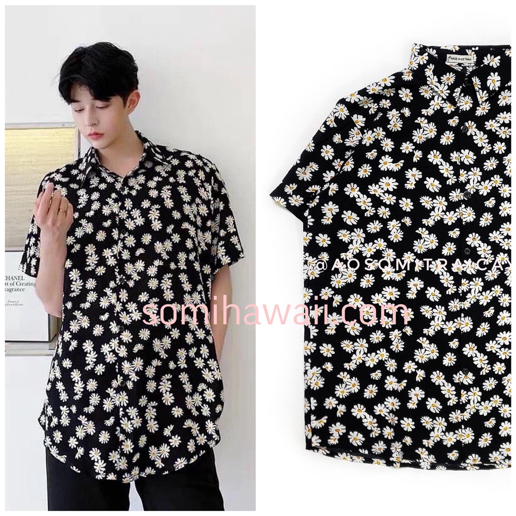 Áo sơ mi Hawaii Nam Nữ Hoa Cúc Nhí trắng/đen fullsize 45-85kg