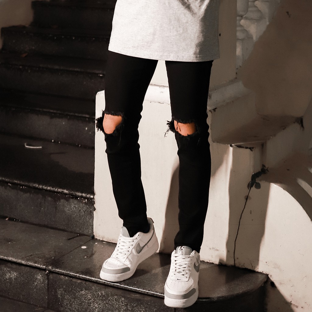 Quần Skinny Jeans Nam-Màu Đen-Rách Gối To-Chất Liệu Cotton Co Giãn-Ống Đứng Dáng-Ống Ôm Chân Chuẩn Skinny