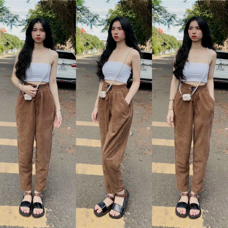 Lenkapas - Quần baggy nhung tăm cạp thun dáng đẹp